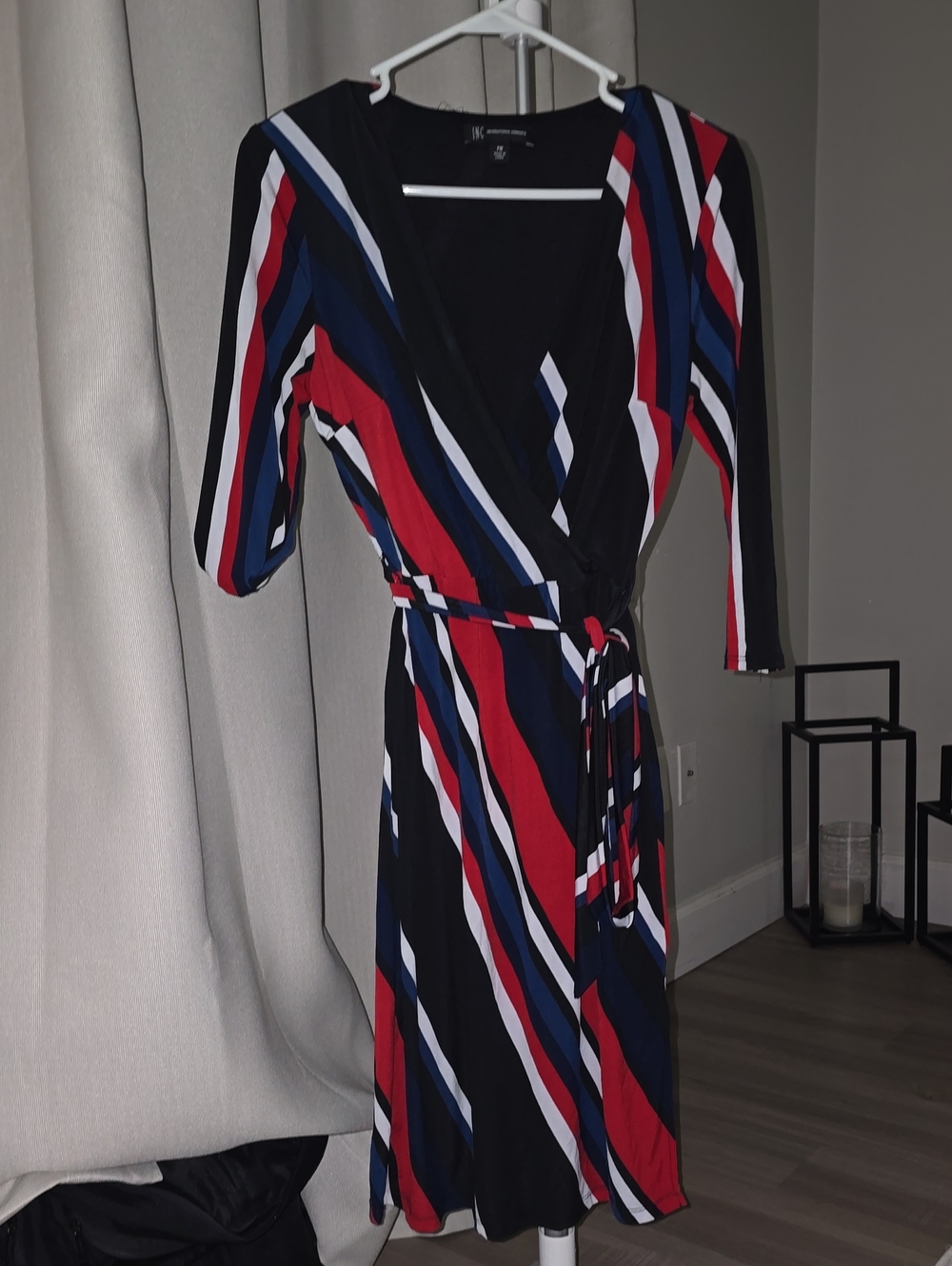 INC International Concepts Black, Red & Navy Striped Wrap Dress